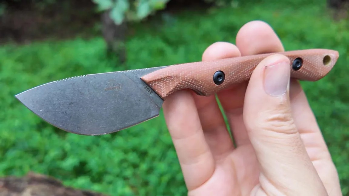 Short skinning knife held in one hand, the blade length most capers settle on