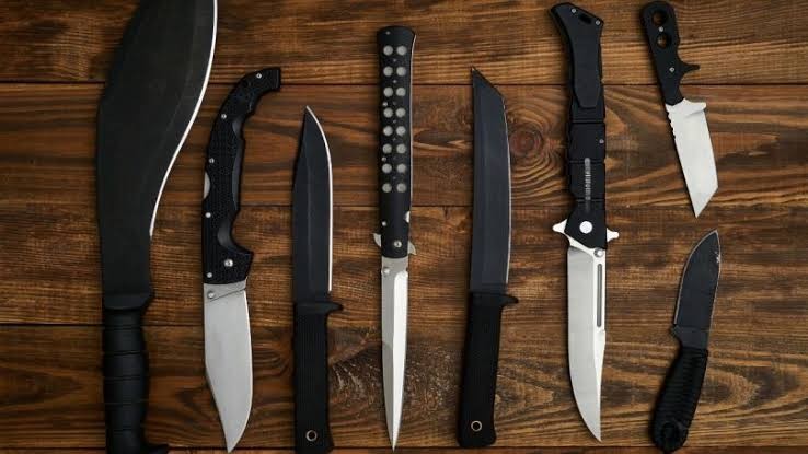 Fixed blades and folding knives laid out in a row on dark wood for comparison