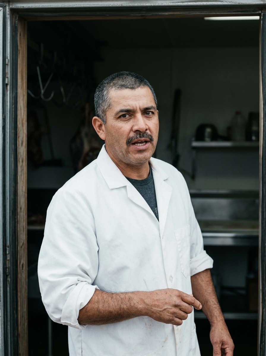 Elias Roybal, butchering and meat care, photographed at work in Marfa, Texas